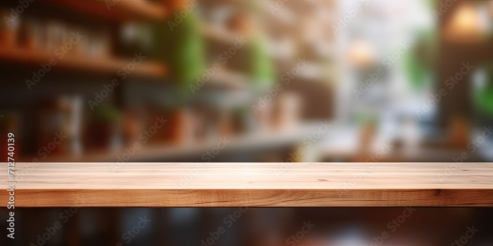 Wooden table background with blurred surroundings, empty counter, shelf over blurred restaurant, product display backdrop, mock-up template