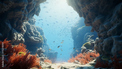 A school of tropical fish swimming in perfect unison through a coral arch, creating a mesmerizing underwater spectacle -Generative Ai