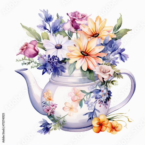 water color bouquet of flowers in a yea pot clip art 