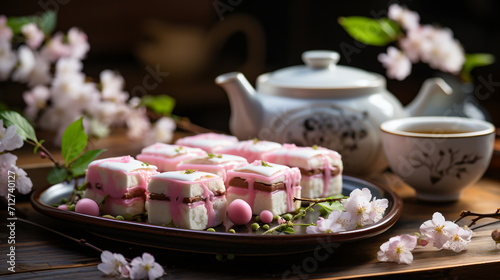 Japanese dessert mochi with matcha green tea powder and cherry, japanese tea ceremony photo