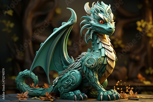 Green dragon statue sits on a wooden platform with autumn leaves around it. © sommersby