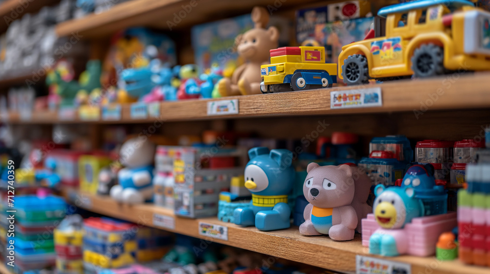 Children's of toy accessories. Colorful cildren's toys on table, wooden, plastic and plush toys. Shop toy store for babies. A soft toy close-up on a shopping trip with a blurry background. 