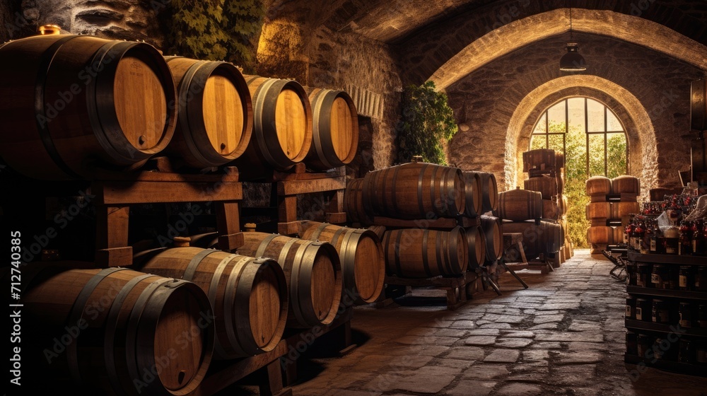 Several barrels of wine in a wine cellar in a traditional underground winery comeliness