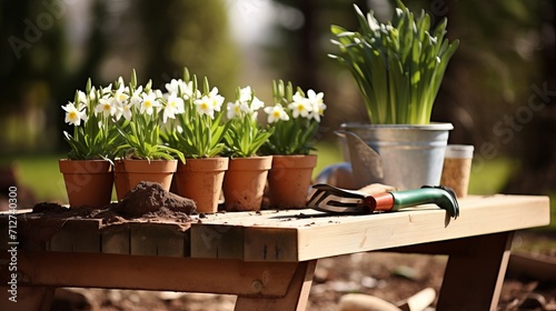 Gardening tools and flowerpots in a sunny garden essentials for passionate gardeners