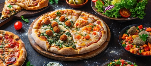 Salmon and cheese pizza, buffalo margarita pinsa, falafel pinsa, vegetable salad, Roman dough, pinsa on dark brown table