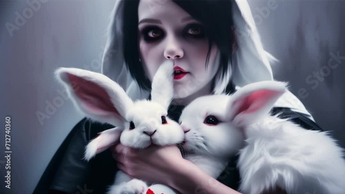Sad girl holding a white rabbit photo