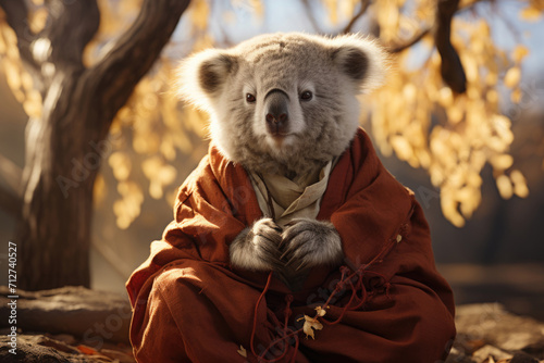 Peaceful gray koala sensei in brown red kimono sits in autumn forest and meditates. Concept of eastern wisdom, martial arts, yoga, Buddhism, peace, tranquility, relaxation, fall, zoo, wildlife. Fall