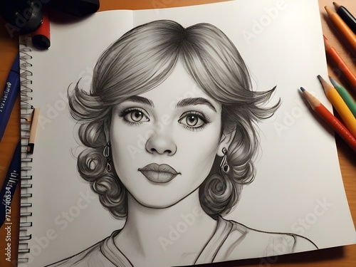 Malblock mit einem gemalten Selbstportrait und Farbstiften