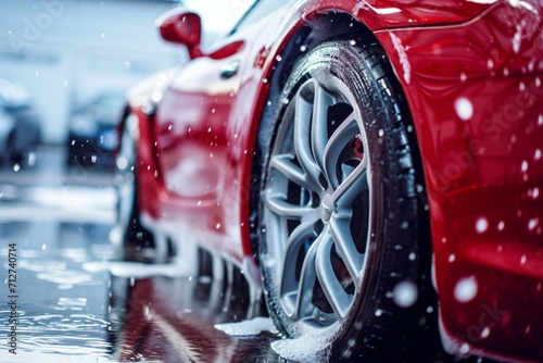 Automotive Detailer Washing Away Smart Soap and Foam with a Water High Pressure Washer. Red Performance Car Getting Care and Treatment at a Professional Vehicle Detailing Shop © Shami