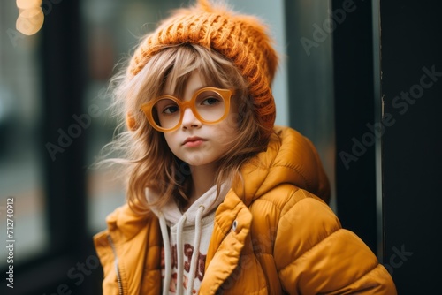 stylish little girl in yellow jacket and orange glasses looking at camera