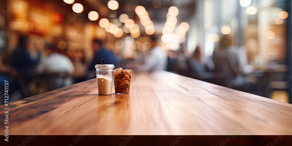Product display or design layout featuring a wooden table top and blurred people in a coffee shop background. Product display or design layout featuring a wooden table top and blurred people in a coffee shop background.