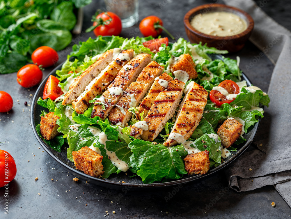 Grilled Chicken Caesar Salad on Dark Plate Grilled Chicken Caesar Salad on Dark Plate