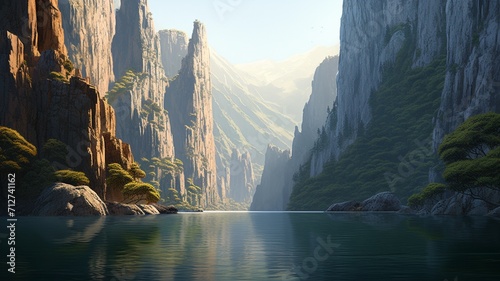 A secluded inlet surrounded by towering cliffs, where the sea meets the mountains in a peaceful and untouched corner of the natural world -Generative Ai