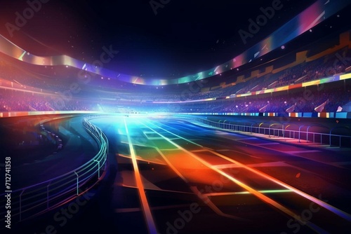 Empty race track arena at night adorned with spotlights and a colorful digital illustration painting in the background. Generative AI