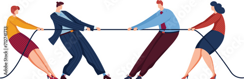 Two men and two women engaged in a tug of war competition. Concept of teamwork, gender equality, and business challenge vector illustration.