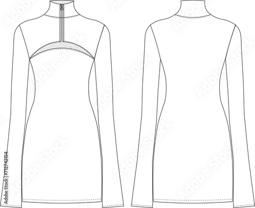 zippered low cut turtleneck high neck trumpet long sleeve short dress template technical drawing flat sketch cad mockup fashion woman design style model