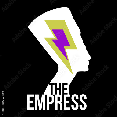 The Empress. T-shirt design with the bust of Nefertiti next to the thunder symbol on a black background. Glamor rock poster.