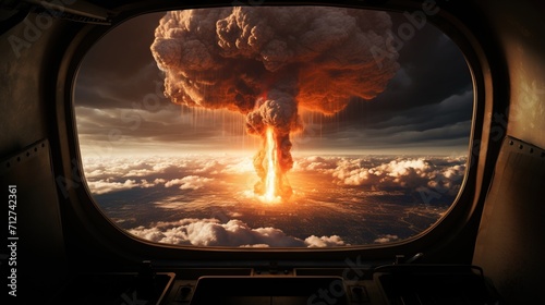 Mushroom cloud from a nuclear explosion seen through an airplane window photo