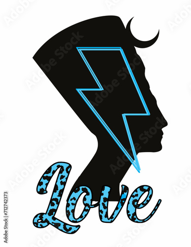 Love. Silhouette of a bust of an Egyptian pharaoh named Nefertiti next to a light blue thunderbolt  symbol. Glam rock. 