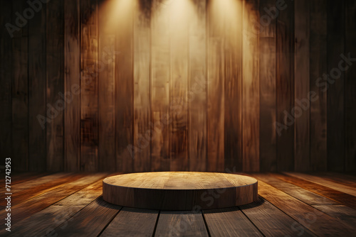 Holzpodium der Eleganz: Leeres Podium mit Holzstruktur für stilvolle Produktpräsentationen auf neutralem Hintergrund, beleuchtet von Spotlights für zusätzlichen Fokus und visuellen Reiz
