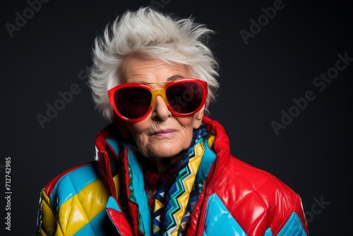 Portrait of a beautiful senior woman in red jacket and sunglasses.
