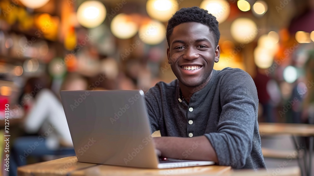 Obraz premium Black man working on laptop at coffee shop, freelancer or student using computer in bright cafe