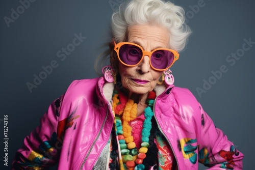 Portrait of a beautiful senior woman in pink jacket and sunglasses. © Inigo