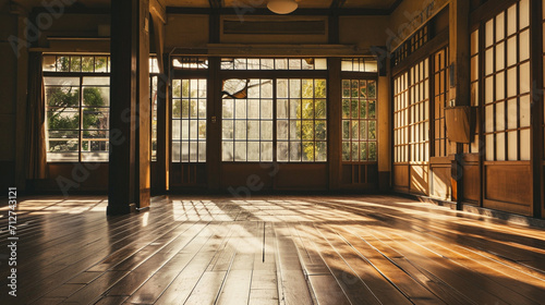 shiny old wooden floor and sliding paper doors. Generative Ai