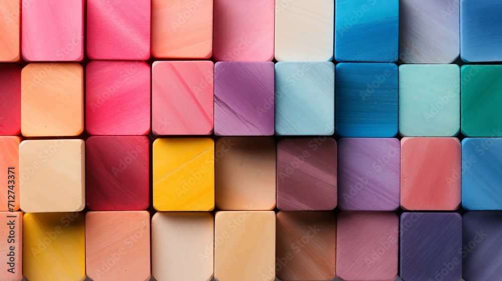 Colorful wooden blocks aligned on wide format background for creative design concepts. - obrazy, fototapety, plakaty 