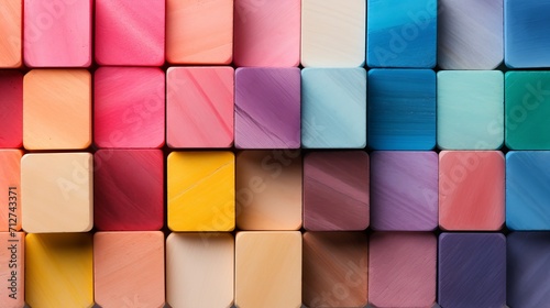 Colorful wooden blocks aligned on wide format background for creative design concepts. photo