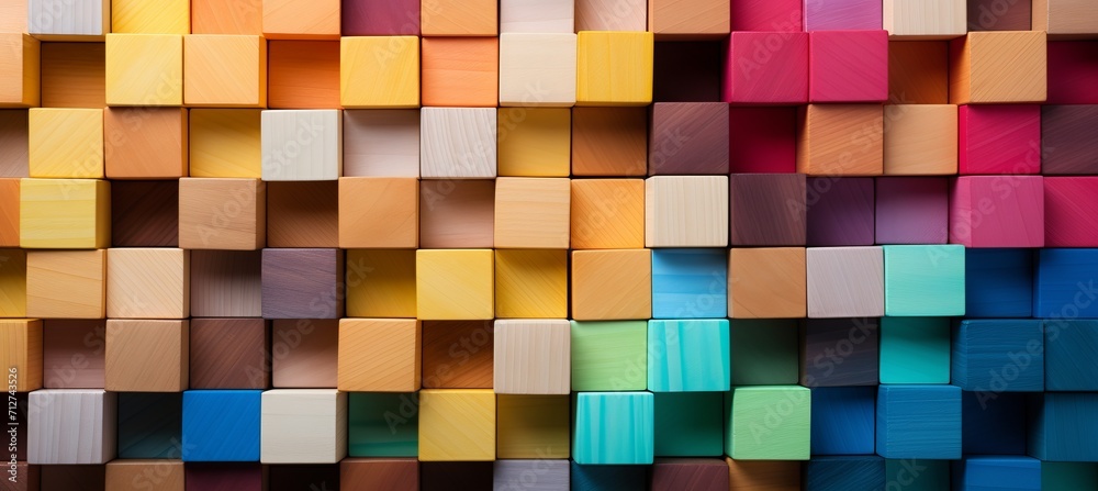 Colorful wooden blocks on wide background, concept of creativity and imagination Colorful wooden blocks on wide background, concept of creativity and imagination