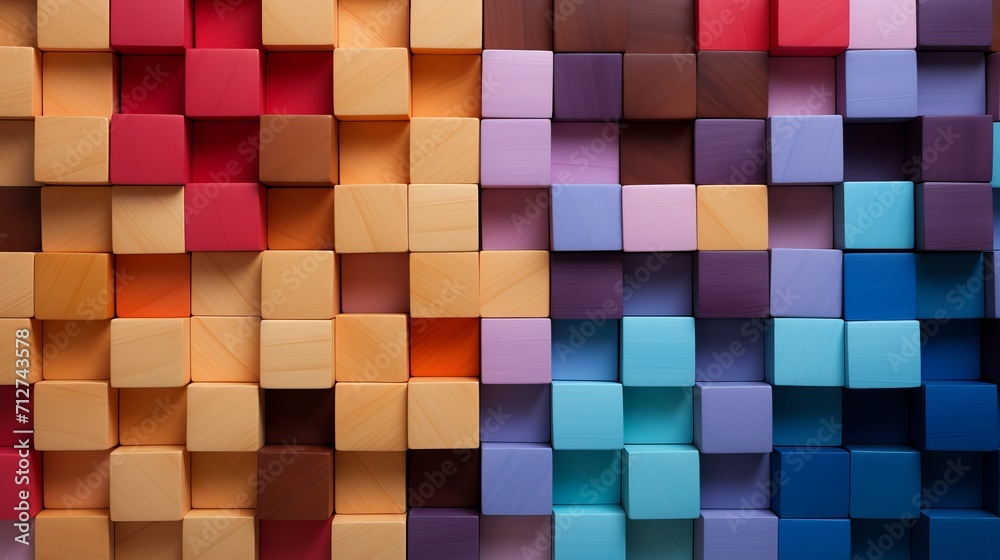 Vibrant arrangement of colorful wooden blocks creating a neat wide format background Vibrant arrangement of colorful wooden blocks creating a neat wide format background