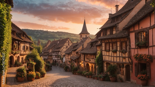 Sunset on the Streets of French Medieval Town of Eguisheim Inspiration for Walt Disney Beauty and the Beast Alsace Fairytale