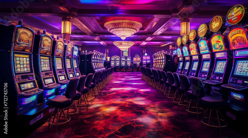 Many slot machines inside a casino with purple lights