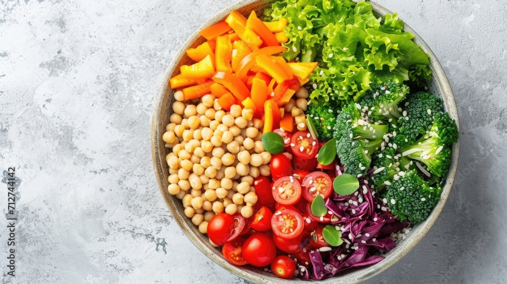 Vibrant salad bowl with fresh vegetables and nuts on a white background, promoting balanced meals
