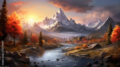 A serene valley nestled between two massive peaks, with the sun casting warm hues across the landscape -Generative Ai