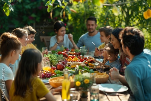 Big Family and Friends Celebrating Outside at Home. Diverse Group of Children  Adults and Old People Gathered at a Table  Having Fun Conversations. Preparing Barbecue and Eating Vegetables.