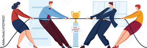 Two businessmen and two businesswomen playing tug of war with a trophy. Team competition and goal achievement in office setting vector illustration.