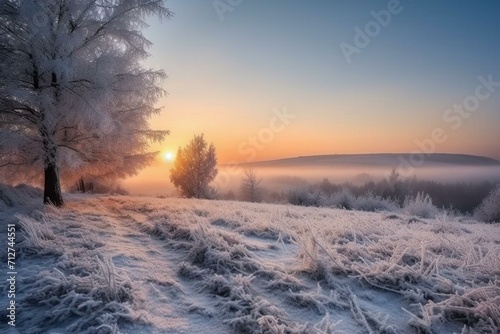 A picturesque winter landscape at sunrise, depicting the beauty of nature during Christmas. Generative AI © Baylor