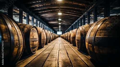 Rows of wooden whiskey, bourbon, and scotch barrels aging in distillery warehouse
