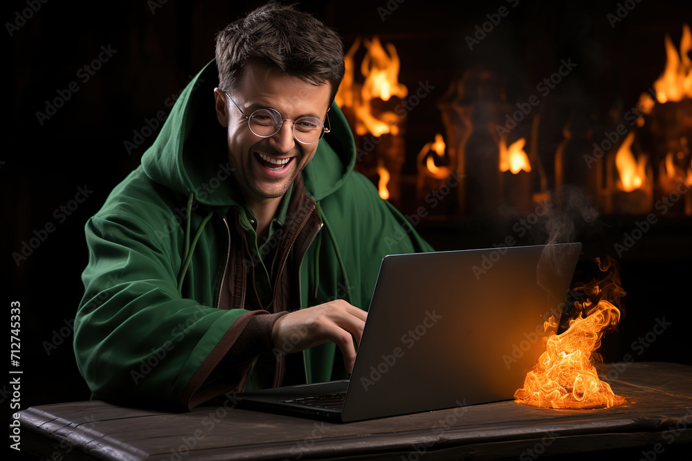 Enthusiastic man in a green robe sits at a table with a laptop on fire. Enthusiastic man in a green robe sits at a table with a laptop on fire.
