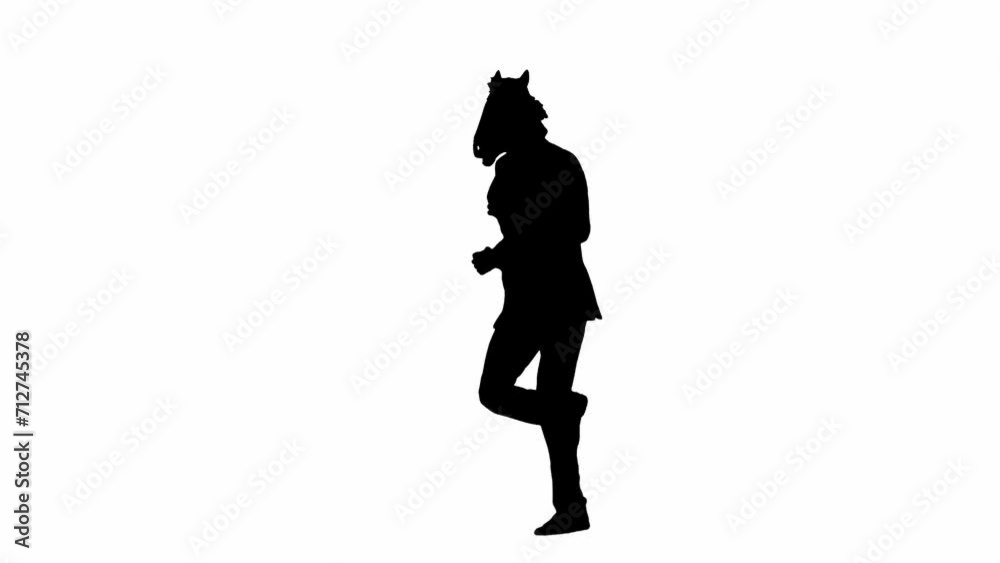 Black silhouette of man in business suit with horse head mask on white isolated studio background. Businessman is running fast. Concept of hard office work. Black silhouette of man in business suit with horse head mask on white isolated studio background. Businessman is running fast. Concept of hard office work.