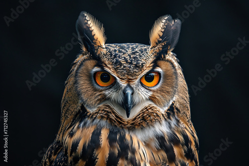 Portrait of an owl s head on a black background  the look of an eagle owl