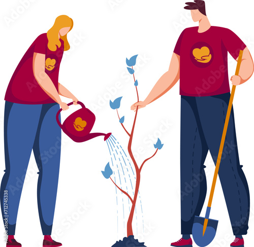 Man and woman in casual clothes are planting a young tree, gardening together, nurturing plant. Environmental activism and teamwork in nature vector illustration.