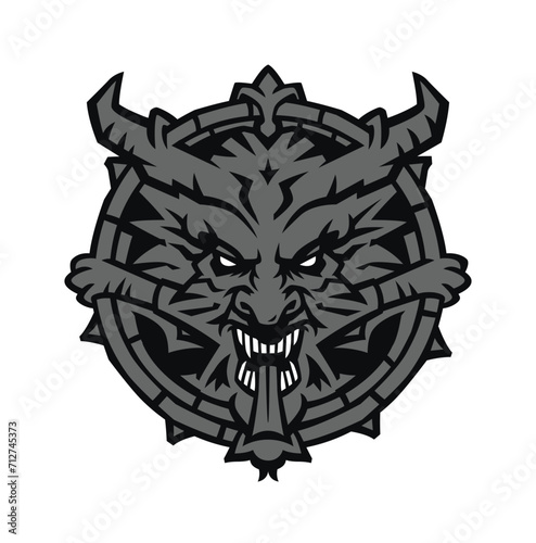 Demon skull with horns. Vector. Silhouette of a toothy devil with horns. Hero mascot for comics or sports game. Picture for T-shirt design. Gothic modern style.