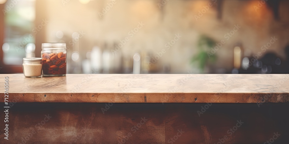 Vintage filtered blurred coffee shop interior background with stone table top - ideal for product display or montage. - obrazy, fototapety, plakaty 