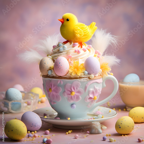 Easter still life with sweet pastel colorful eggs and a cup of delicious sweet drink with chicken on top.