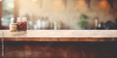Vintage filtered blurred coffee shop interior background with stone table top - ideal for product display or montage. photo