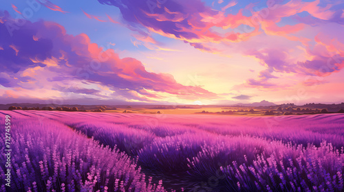 Lavender Field at Sunset with Dramatic Sky