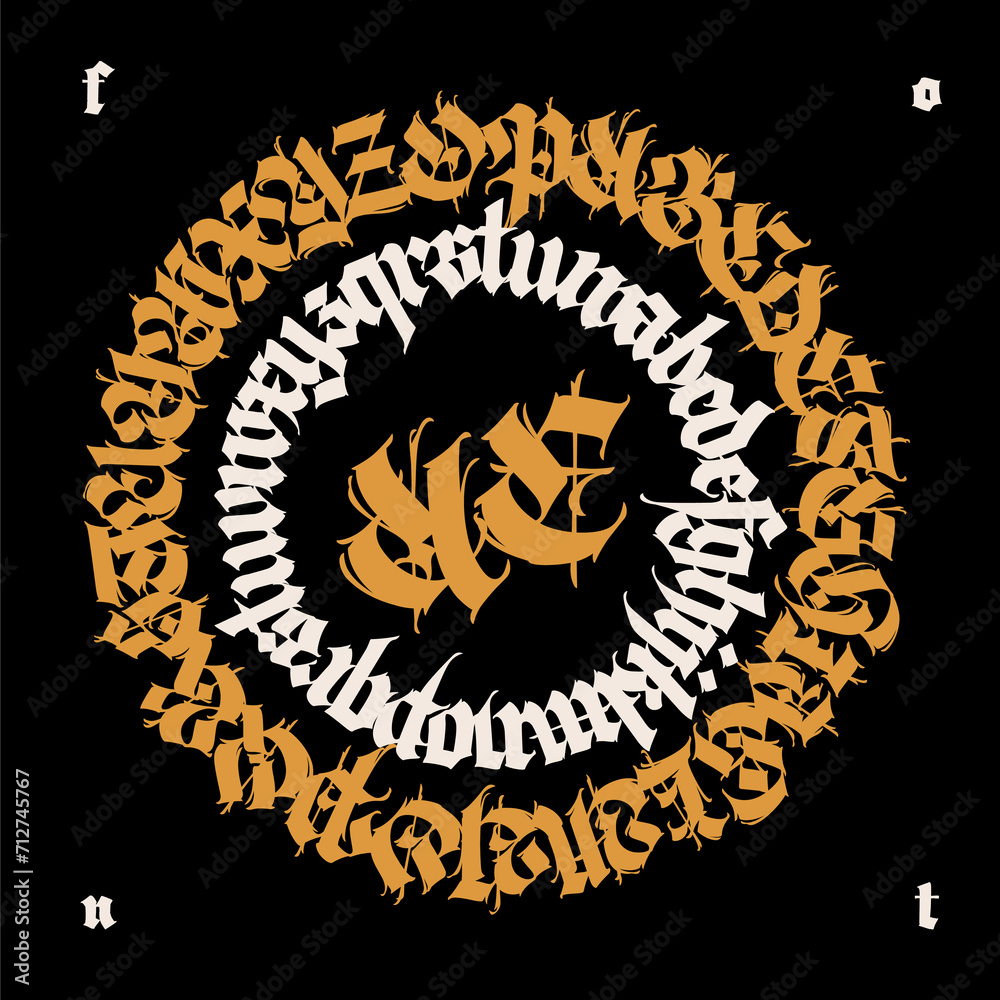 Gothic font from Latin letters. Vector. English alphabet. Medieval European style. English alphabet 9th-19th century. Symbols and signs for monogram and design. Modern calligraphy.